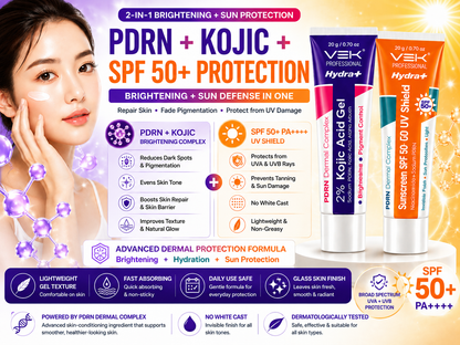 Hydrate 2% Kojic Acid Face Serum in Gel with PDRN Dermal Complex, Glow Sunscreen & Tinted Sunscreen SPF 50+ | Alpha Arbutin Brightening Treatment for Dark Spots, Melasma & Uneven Skin Tone | Lightweight Non-Greasy Daily Use Combo | 4 Tubes 20g each