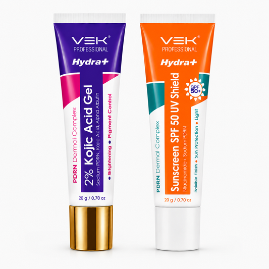 Hydrate 2% Kojic Acid Face Serum in Gel with PDRN Dermal Complex, Glow Sunscreen & Tinted Sunscreen SPF 50+ | Alpha Arbutin Brightening Treatment for Dark Spots | 2 Tubes 20g each
