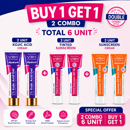 Hydrate 2% Kojic Acid Face Serum in Gel with PDRN Dermal Complex, Glow Sunscreen & Tinted Sunscreen SPF 50+ | Alpha Arbutin Brightening Treatment for Dark Spots | 4 Tubes 20g each