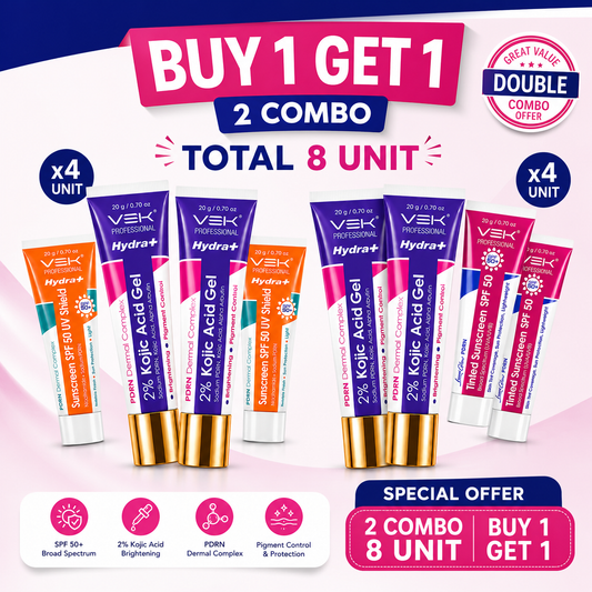 Hydrate 2% Kojic Acid Face Serum in Gel with PDRN Dermal Complex, Glow Sunscreen & Tinted Sunscreen SPF 50+ | Alpha Arbutin Brightening Treatment for Dark Spots | 4 Tubes 20g each